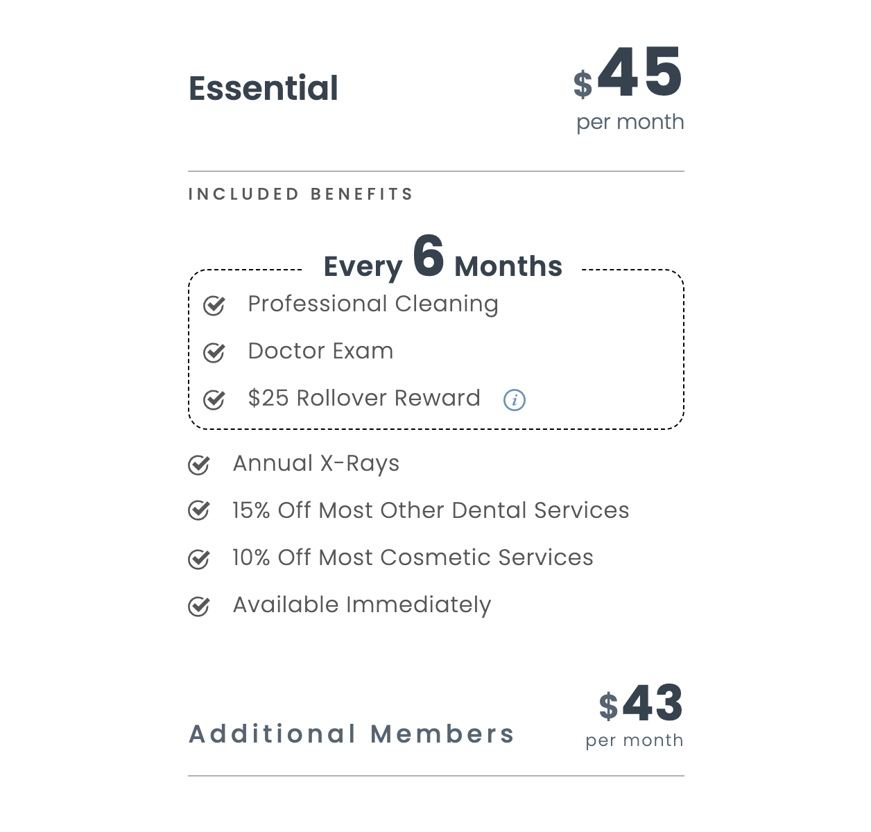 Essential in-house membership plan: $45 per month, includes cleanings, exams, annual X-rays and discounts on dental and cosmetic services